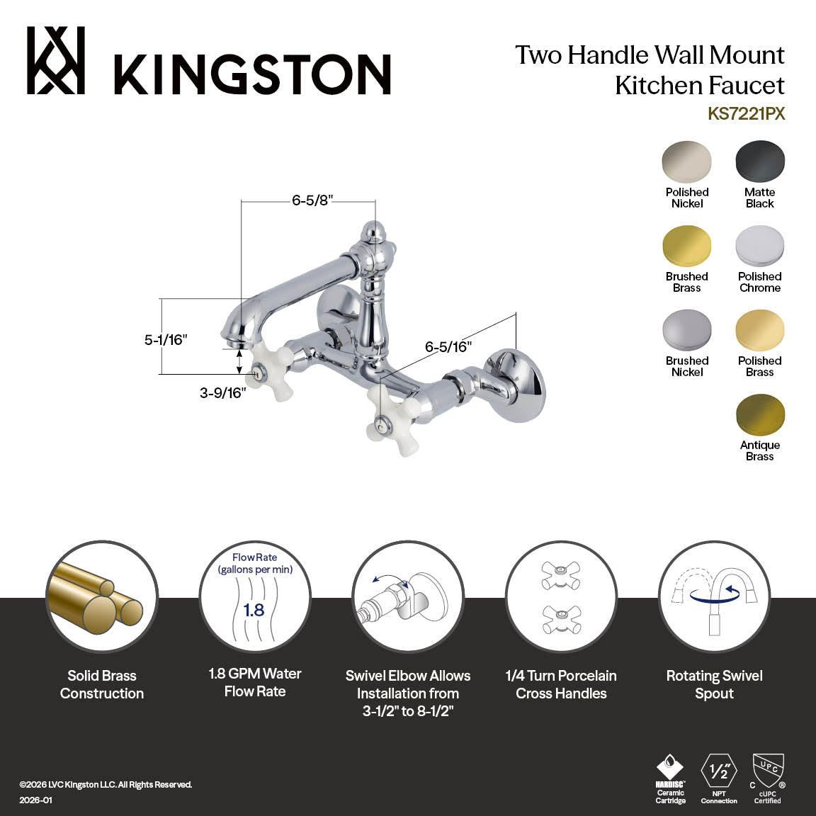 Kingston Tulare KS7227PX - English Country Two-Handle 2-Hole Wall Mount Bridge Kitchen Faucet, Brushed Brass — thumbnail 2